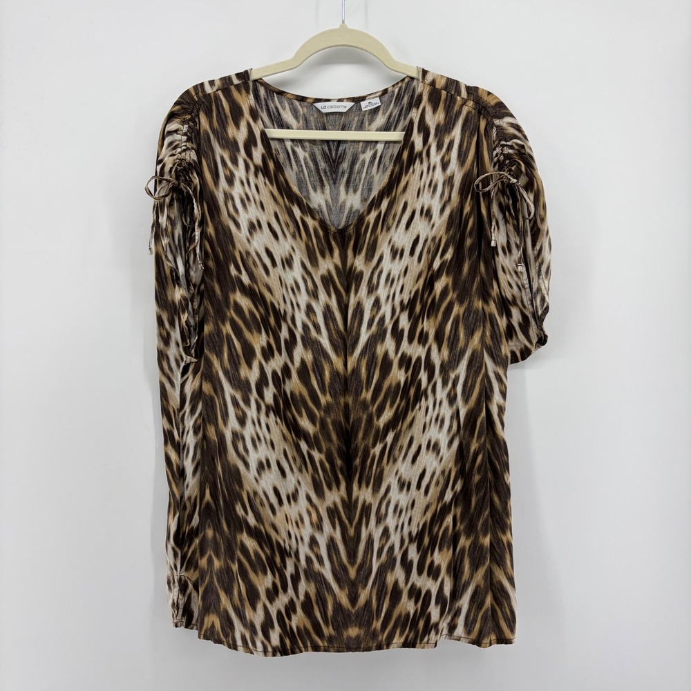 Liz Claiborne Womens XL Brown Leopard Print V-Neck Ruched Shoulder Top Blouse